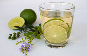 herbal healthy drinks for sore throat honey lemon cocktail and lemon slice ,purple flower...
