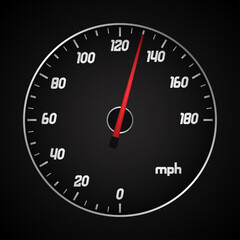 Car speedometer in miles with red arrow. Vector illustration