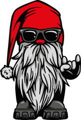 Cool Biker Gnome flashing Devil's Horns Rock On Hand Sign vector illustration, Manly Gift for Husband, Dad, Grandpa