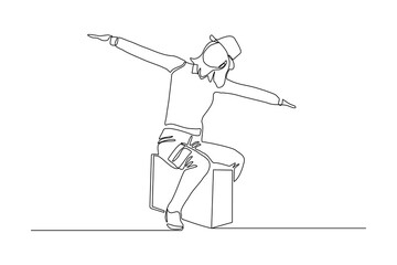 Obraz premium Continuous line drawing of traveler woman sitting with luggage. Single one line art concept of tourist walking with suitcase. Vector illustration