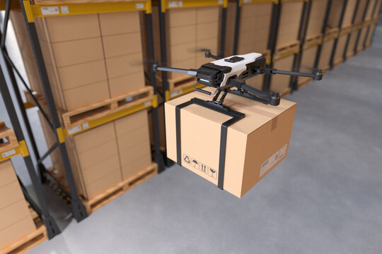 Delivery drone in warehouse. 3D illustration