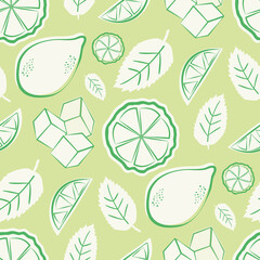 Citrus fruit, mint leaves, ice cubes vector seamless pattern background. Retro green white backdrop with line art style lemons, limes, ice, minty leaves. Duotone repeat for summer, cocktails, mixology