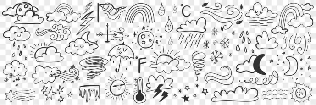 Various weather conditions doodle set. Collection of hand drawn clouds rain storm thunder lightning frost and cold weather isolated on transparent background. Illustration of precipitation concept 