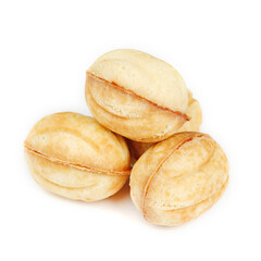 Traditional Russian nuts with condensed milk isolated on white background. Nuts cakes for New Year's holidays.