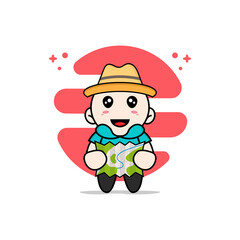 Cute kids character holding map.