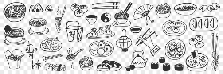 Various japanese chinese dishes doodle set. Collection of hand drawn sushi maki, spring rolls, steamed rice and dumplings as national cuisine isolated on transparent background. Illustration of food