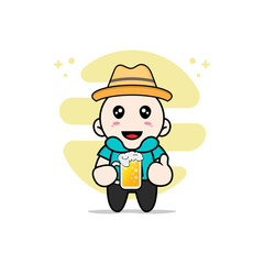 Cute kids character holding a glass of beer.