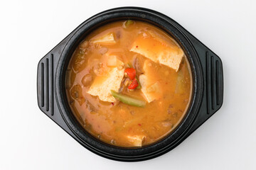 Cheonggukjang stew on a white background