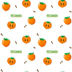 Persimmon vector seamless pattern. Background with Orange juicy fruit, green leaves and seeds. Organic wallpaper for a banner. illustration