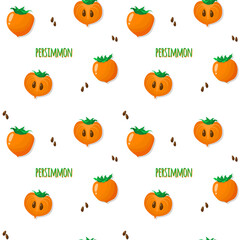 Persimmon vector seamless pattern. Background with Orange juicy fruit, green leaves and seeds. Organic wallpaper for a banner. illustration