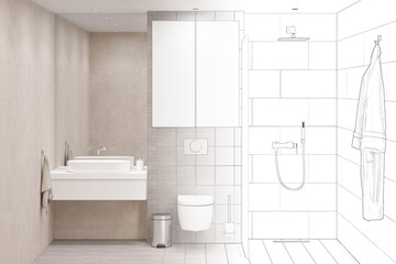 Fototapeta na wymiar The sketch becomes a real light beige bathroom with a large rectangular mirror over a white washbasin, a storage cabinet over a built-in toilet, a shower with a glass partition, a bathrobe. 3d render