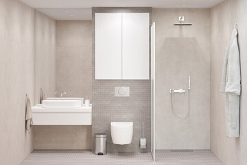 Naklejka na ściany i meble Light beige bathroom with a large rectangular mirror over a white washbasin, a storage cabinet over a built-in toilet, a shower with a glass partition, a bathrobe. Front view. 3d render