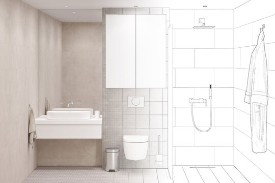 The sketch becomes a real light beige bathroom with a large rectangular mirror over a white washbasin, a storage cabinet over a built-in toilet, a shower with a glass partition, a bathrobe. 3d render