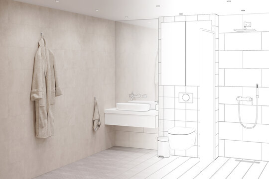 The sketch becomes a real beige bathroom with a bathrobe and a towel near the washbasin, a large rectangular mirror, a storage cabinet above the built-in toilet, a shower with a partition. 3d render