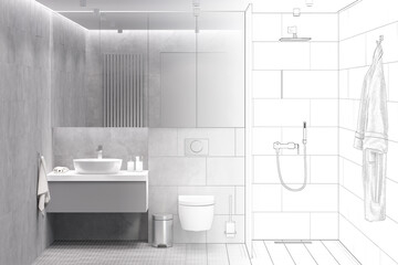 Naklejka na ściany i meble The sketch becomes a real gray bathroom with a storage cabinet with mirrored door above the washbasin and built-in toilet, bathrobe, shower with glass partition, mosaic floor, tiled walls. 3d render