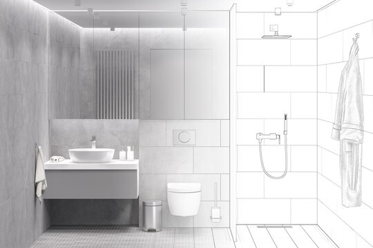The sketch becomes a real gray bathroom with a storage cabinet with mirrored door above the washbasin and built-in toilet, bathrobe,  shower with glass partition, mosaic floor, tiled walls. 3d render