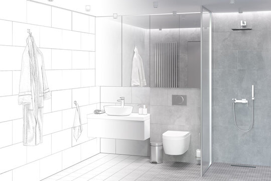 The sketch becomes a real gray bathroom with bathrobe, towel, built-in storage cabinet with mirrored doors, washbasin and toilet, toilet brush and a trash can, shower with glass partition. 3d render