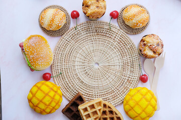 bakery and cake on table background and space for text