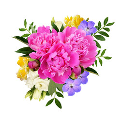 Fototapeta premium Bouquet of pink peonies and colorful flowers