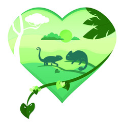 Cute chameleon in a green heart isolated on white background. Valentine's card with chameleon specially for Valentine's Day