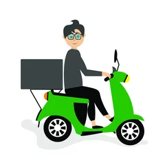 Foto op Plexiglas Scooter with delivery man, flat vector cartoon character © maydogan