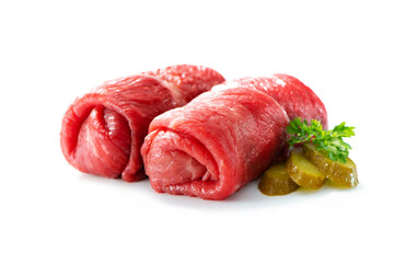 Raw beef roulades isolated on white