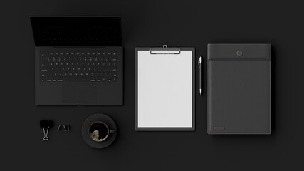 Black office desk Flat lay top view with computer laptop ,clipboard ,cup coffee ,notebook and supplies. 3D Render.