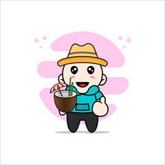 Cute kids character holding a coconut ice.