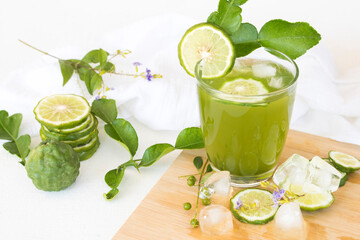 herbal healthy drinks iced kaffir lime cocktail water with bergamot slice local flora of asia...