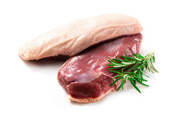 Raw duck breast pieces isolated on white background