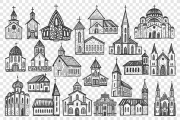 Buildings doodle set. Collection of chalk pencil hand drawn of european culture architecture and national temples castles on transparent background. Europe country traditional landmarks illustration.