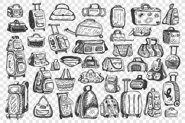 Fototapeta premium Bags doodle set. Collection of different handbags for travelling tourist baggage school backpacks isolated on transparent background. Travel suitcase luggage for trip journey illustration.