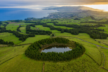 Aerial view of Lagoa Pau Pique on Terceira Island. Azores archipelagos, Portugal.