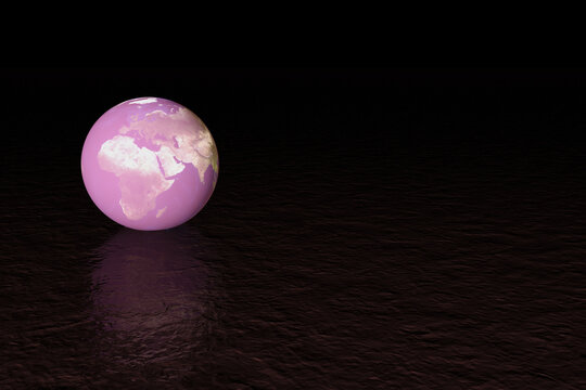 3D rendering of a pink Planet Earth in the surrealistic landscape - climate change concept