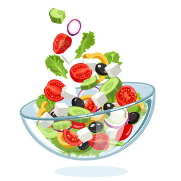 Fresh Greek salad with slices of feta cheese, tomatoes, olives, flying in the air to a glass bowl on a white background. Mediterranean diet. Horiatiki