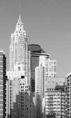 Black and white picture of New York City diverse architecture, USA.