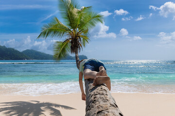 Fototapeta na wymiar Coco palm over tropical sunny beach and cute young man relaxing lying on a palm tree in tropical Caribbean island