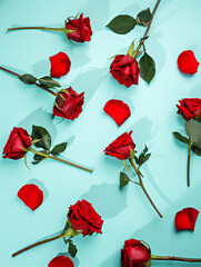 Spring floral layout made of red roses flowers and petals with summer shadows on pastel blue background. Minimal Valentines day, love or dating concept. Flat lay, top view.