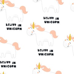 seamless pattern with cartoon unicorns. Magic. Colorful vector flat style for kids. Animals. hand drawing. baby design for fabric, print, wrapper