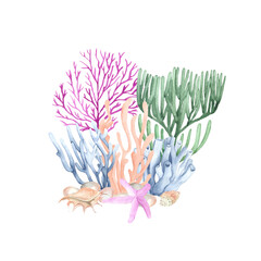 Watercolor colorful corals. Perfect for printing, web, textile design, various souvenirs and other creative ideas.