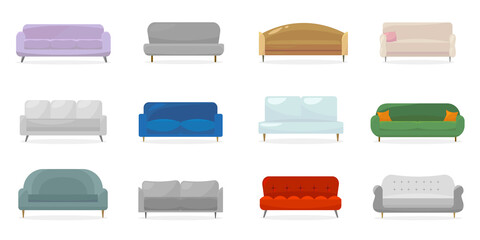 Contemporary couches collection. Trendy sofas for living room, divans for modern lounges, offices, apartment interior. Vector illustrations for upholstery, housing, furniture production concept