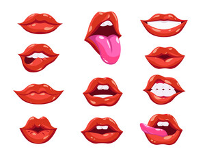 Red lips set. Female mouth, sexy smile with white teeth, woman biting lip, showing kiss expression or tongue. Vector illustration for glamour, lipstick, emotions, comics concept