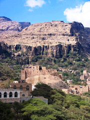 Village perched on rock in Yemen