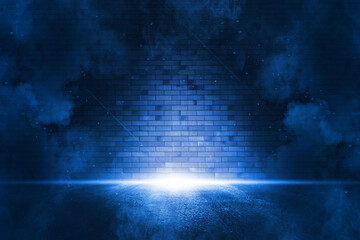 Rays searchlight light blue neon . Dark empty scene with  smoke. Reflections on wet asphalt.   © Miha Creative