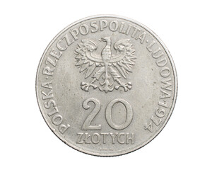 twenty Polish zloty coin on white isolated background