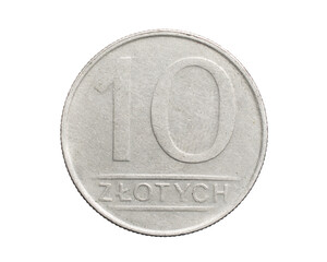 ten Polish zloty coin on a white isolated background