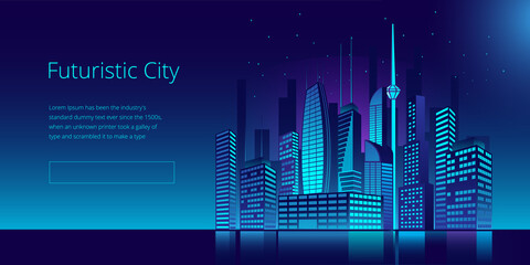 Fantastic city in the style of cyberpunk. Vector illustration in retro style in neon colors. Night city of the future. Template a horizontal banner.