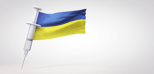 Vaccine immunization syringe with ukraine flag. 3D Rendering