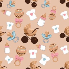 Pattern with baby items on a beige background