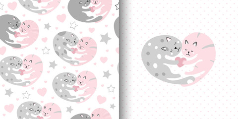 Heart shaped cute seamless pattern with cats in love.
